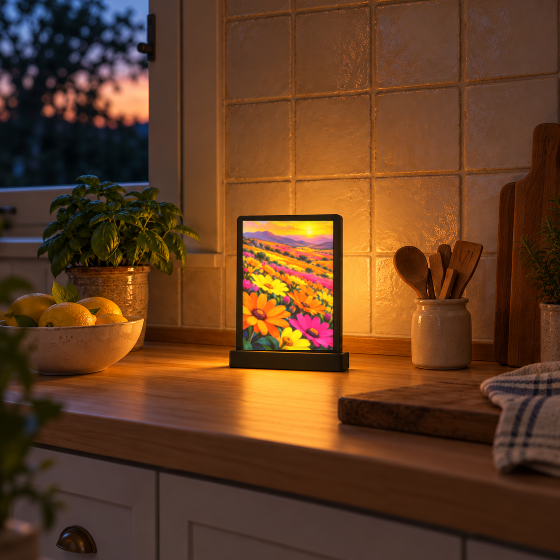 Sample picture of a lit lamp in a home kitchen, showing Namaqua Spring, a hillside of spring daisies