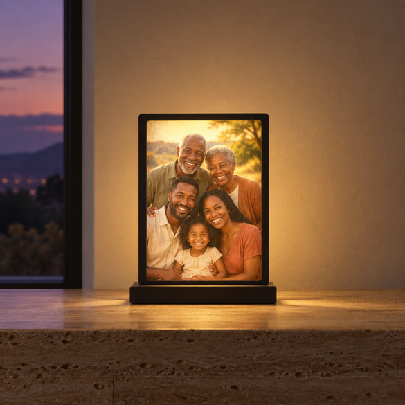Sample picture of a lit lamp showing three generations of a family, on a shelf by a window at dusk